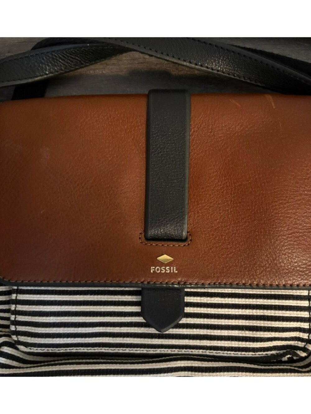 Fossil Kinley Black and White Brown Leather Accent Striped Crossbody Bag